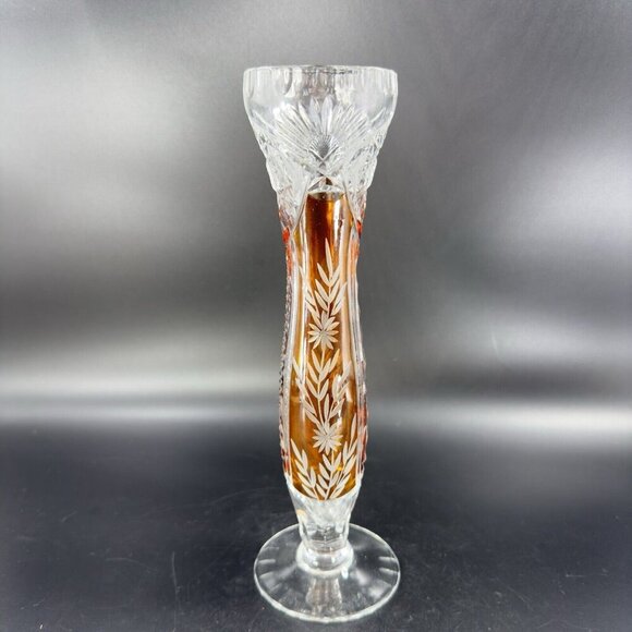 Vintage Czech Bohemian Glass Crystal Vase Vessel Amber Etching Floral Decor Vase - Picture 16 of 16